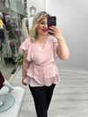 Pudra Pembe Organze Şifon Kruvaze Yaka Kısa Kol Ve Etek Volanlı Bağlamalı Bluz stp 26y1478