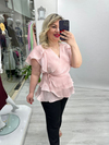 Pudra Pembe Organze Şifon Kruvaze Yaka Kısa Kol Ve Etek Volanlı Bağlamalı Bluz stp 26y1478