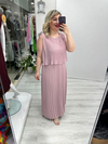Pudra Pembe Premium Piliseli 2 Katlı Kolsuz Uzun Şifon Elbise stp 26y2621