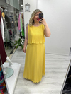 Sarı Premium Piliseli 2 Katlı Kolsuz Uzun Şifon Elbise stp 26y2621