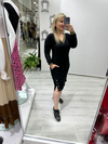 Siyah Gold Simli Ribanalı Uzun Kollu Eteği Yan Çıtçıtlı Elbise 