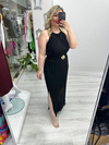 Siyah Halter Yaka Piliseli Yaprak Gold Tokalı Şifon Elbise stp 26y2796