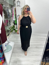 Siyah Halter Yaka Piliseli Yaprak Gold Tokalı Şifon Elbise stp 26y2796