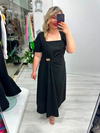 Siyah Kare Yaka Gold Toka Detaylı Krep Elbise stp 26y2818