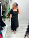 Siyah Kare Yaka Gold Toka Detaylı Krep Elbise stp 26y2818