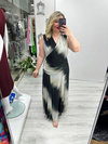Siyah Krem Batik Desenli Kolsuz Kruvaze Yaka Drapeli Tül Elbise stp 26y2789