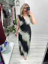Siyah Krem Batik Desenli Kolsuz Kruvaze Yaka Drapeli Tül Elbise stp 26y2789
