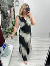 Siyah Krem Batik Desenli Kolsuz Kruvaze Yaka Drapeli Tül Elbise stp 26y2789