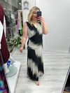 Siyah Krem Batik Desenli Kolsuz Kruvaze Yaka Drapeli Tül Elbise stp 26y2789