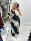 Siyah Krem Batik Desenli Kolsuz Kruvaze Yaka Drapeli Tül Elbise stp 26y2789