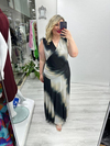 Siyah Krem Batik Desenli Kolsuz Kruvaze Yaka Drapeli Tül Elbise stp 26y2789