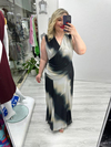Siyah Krem Batik Desenli Kolsuz Kruvaze Yaka Drapeli Tül Elbise stp 26y2789