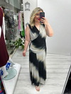Siyah Krem Batik Desenli Kolsuz Kruvaze Yaka Drapeli Tül Elbise stp 26y2789