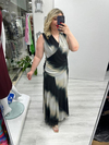 Siyah Krem Batik Desenli Kolsuz Kruvaze Yaka Drapeli Tül Elbise stp 26y2789