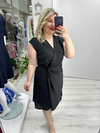 Siyah Kruvaze Kapama Saten Kendinden Çizgili Nisbet Elbise stp 26y2786