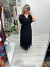 Siyah Kruvaze Yaka Drapeli Tül Elbise stp 26y2804