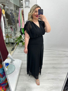 Siyah Kruvaze Yaka Drapeli Tül Elbise stp 26y2804