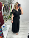 Siyah Kruvaze Yaka Drapeli Tül Elbise stp 26y2804