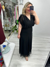 Siyah Kruvaze Yaka Drapeli Tül Elbise stp 26y2804