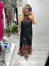Siyah Premium Seri Plisoley Çiçek Desenli Halter Yaka Elbise mc 5064