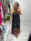 Siyah Premium Seri Plisoley Çiçek Desenli Halter Yaka Elbise mc 5064