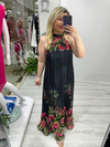 Siyah Premium Seri Plisoley Çiçek Desenli Halter Yaka Elbise mc 5064