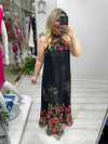 Siyah Premium Seri Plisoley Çiçek Desenli Halter Yaka Elbise mc 5064