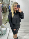 Siyah Tasarım Üzeri Taşlı Crop Gömlek 