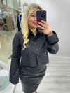 Siyah Tasarım Üzeri Taşlı Crop Gömlek 