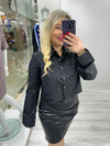 Siyah Tasarım Üzeri Taşlı Crop Gömlek 