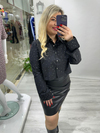 Siyah Tasarım Üzeri Taşlı Crop Gömlek 