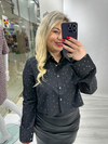 Siyah Tasarım Üzeri Taşlı Crop Gömlek 
