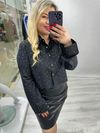 Siyah Tasarım Üzeri Taşlı Crop Gömlek 