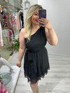 Siyah Tek Omuz Drapeli Etek Volanlı Elbise stp 25y2628
