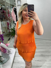 Turuncu Premium İnce Piliseli 3 Katlı Kolsuz Şifon Elbise stp 25Y2627