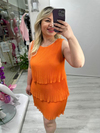Turuncu Premium İnce Piliseli 3 Katlı Kolsuz Şifon Elbise stp 25Y2627