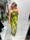 Yeşil Batik Desenli Gold Toka Detaylı Kraşlı Uzun Elbise stp 26y2803