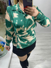 Yeşil Krem Desenli Yan Drape Detaylı Saten Bluz Gömlek stp 25k1040