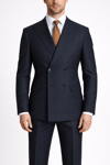 Erkek Slim Fit Lacivert Renk Çizgili Kruvaze Takım Elbise