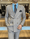Erkek Slim Fit Vizon Renk Kruvaze Takım Elbise