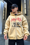 Baskılı Kahve Oversize Zipper Sweatshirt SW926