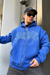 Baskılı Mavi Zipper Oversize Sweatshirt SW974
