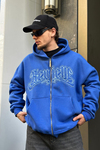 Baskılı Mavi Zipper Oversize Sweatshirt SW974