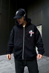 Baskılı Siyah Oversize Zipper  Hoodie SW1108