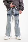 Beyaz Şerit Detay Cepli Kesik Paça Baggy Jean Pantolon