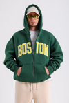 Boston Nakışlı Yeşil Oversize Zipper Hoodie SW1216