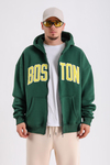 Boston Nakışlı Yeşil Oversize Zipper Hoodie SW1216