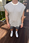 Çizgili Beyaz Yaka Oversize Kolsuz Tshirt  T1143