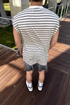 Çizgili Beyaz Yaka Oversize Kolsuz Tshirt  T1143