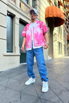 Desenli İnce Kumaş Pembe Oversize Gömlek G128